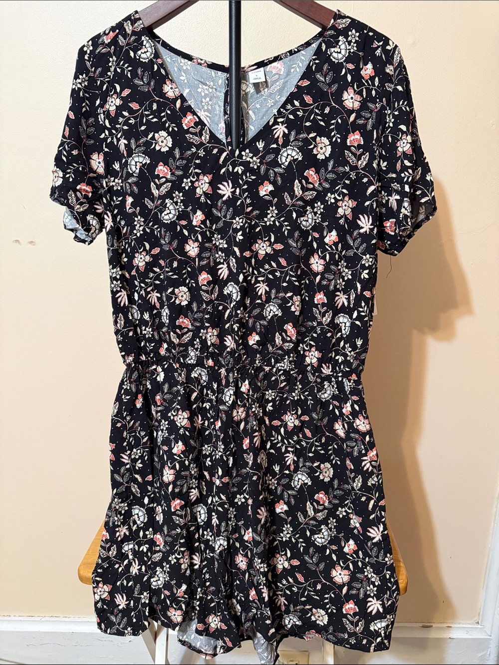 Old Navy Black Floral Short Sleeve Romper with Pink and Cream Details